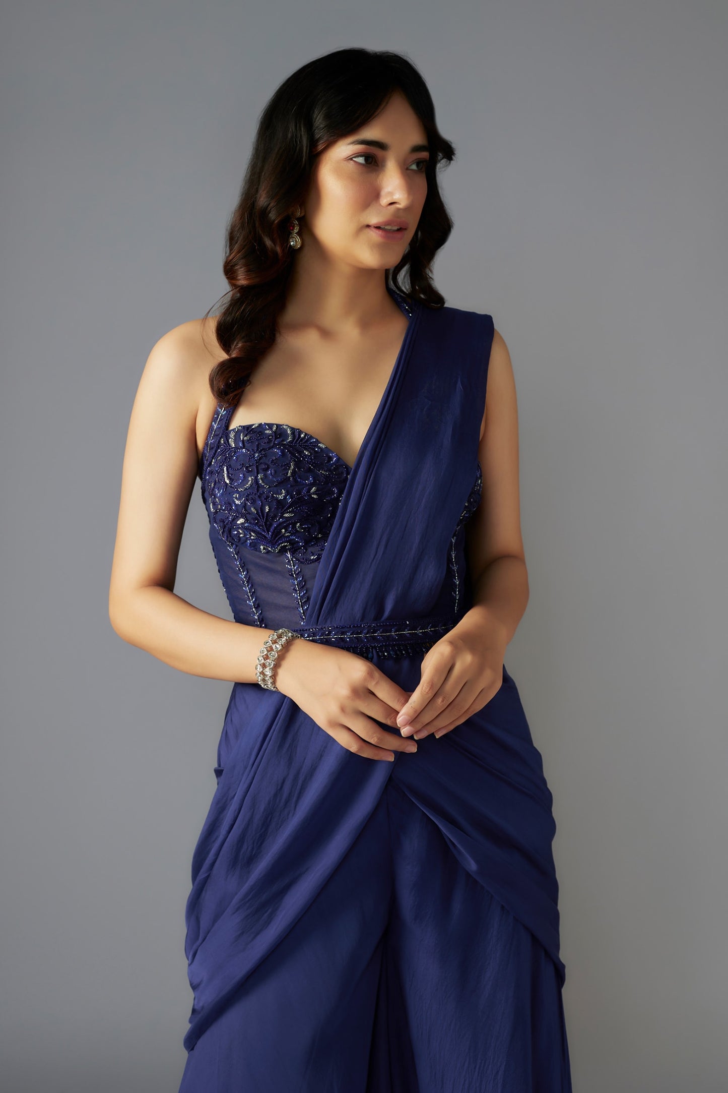 Blue Blouse Net Embellished Bead Solid Pre-draped Sharara Saree With Corset