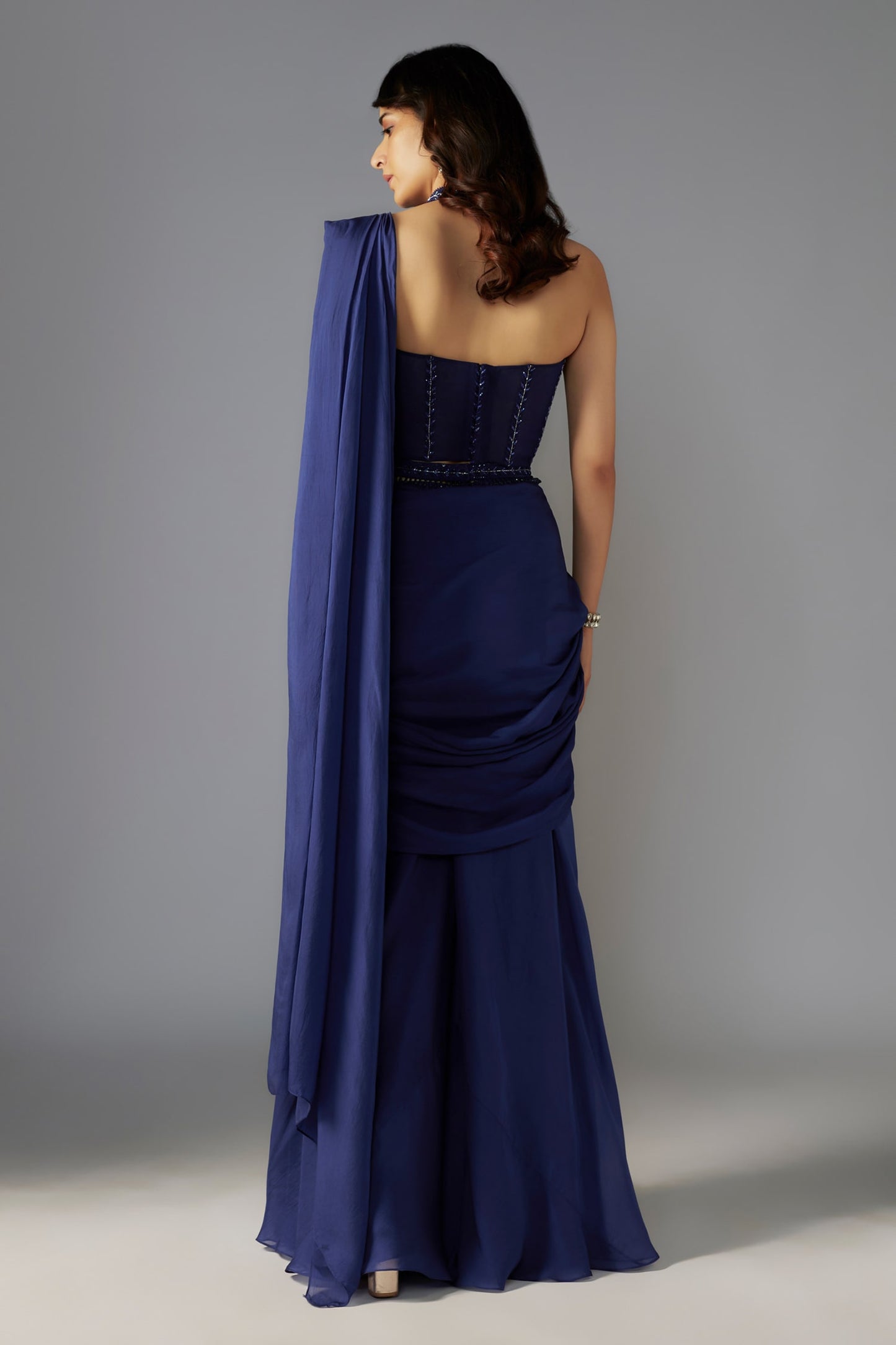 Blue Blouse Net Embellished Bead Solid Pre-draped Sharara Saree With Corset
