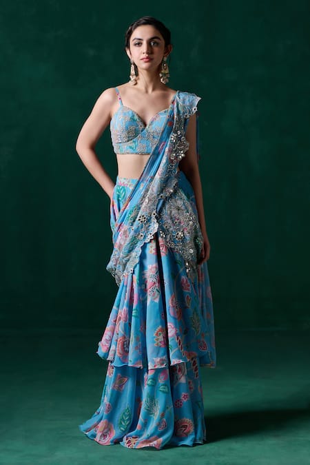 Blue Chiffon Print Floral Leaf Embroidered Ruffle Pre-draped Saree With Blouse