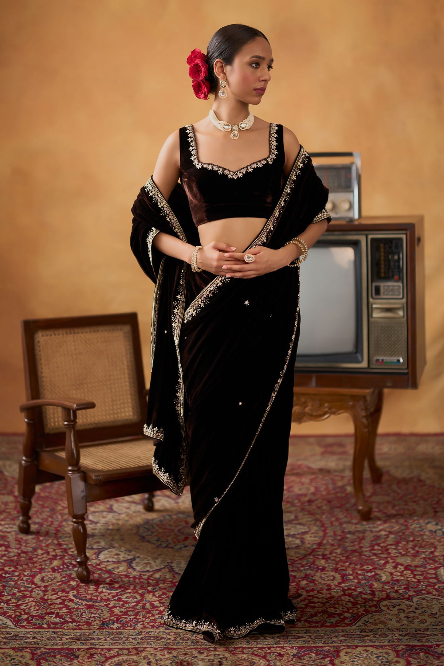 Brown Saree Silk Velvet Embroidered Zardosi Curved Scallop Nusrat With Blouse