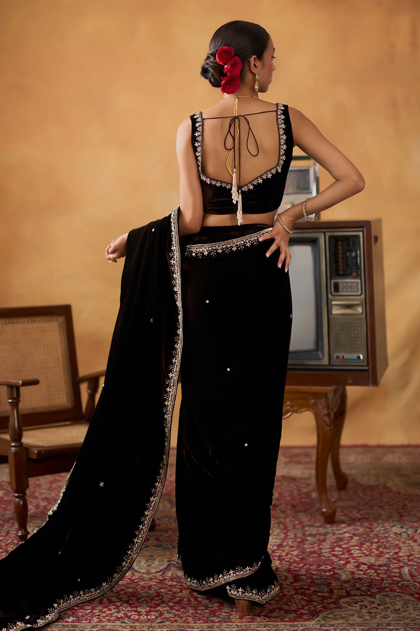 Brown Saree Silk Velvet Embroidered Zardosi Curved Scallop Nusrat With Blouse