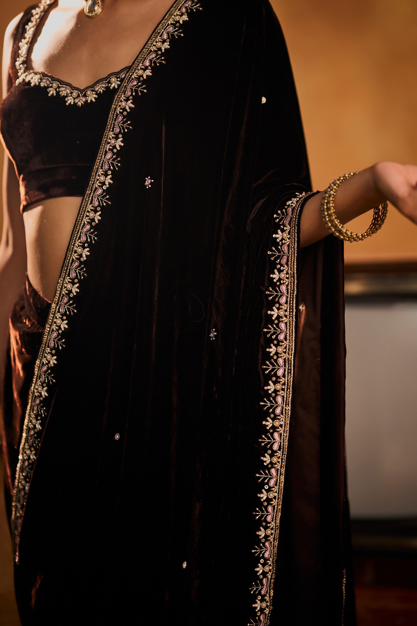 Brown Saree Silk Velvet Embroidered Zardosi Curved Scallop Nusrat With Blouse