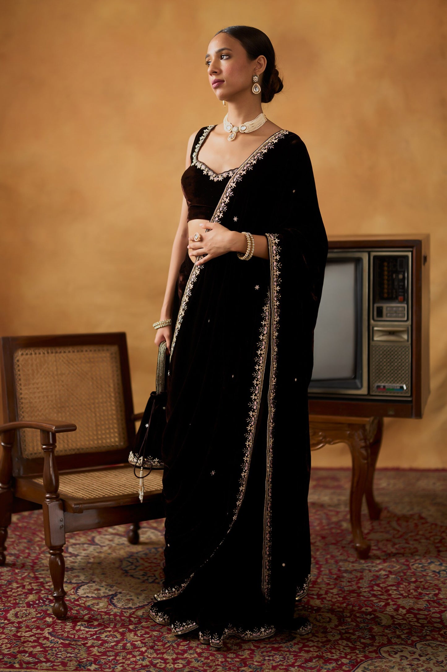 Brown Saree Silk Velvet Embroidered Zardosi Curved Scallop Nusrat With Blouse