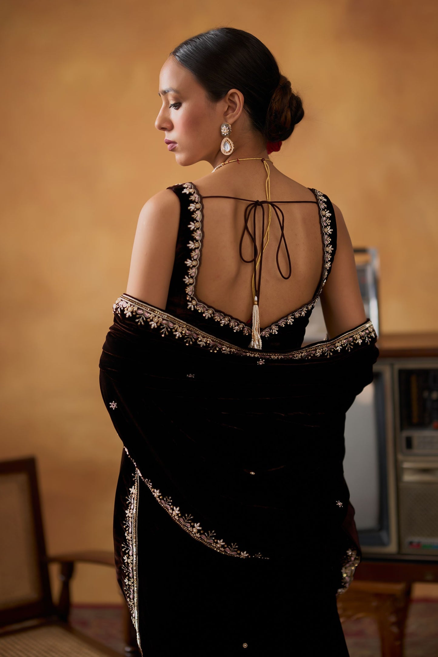 Brown Saree Silk Velvet Embroidered Zardosi Curved Scallop Nusrat With Blouse