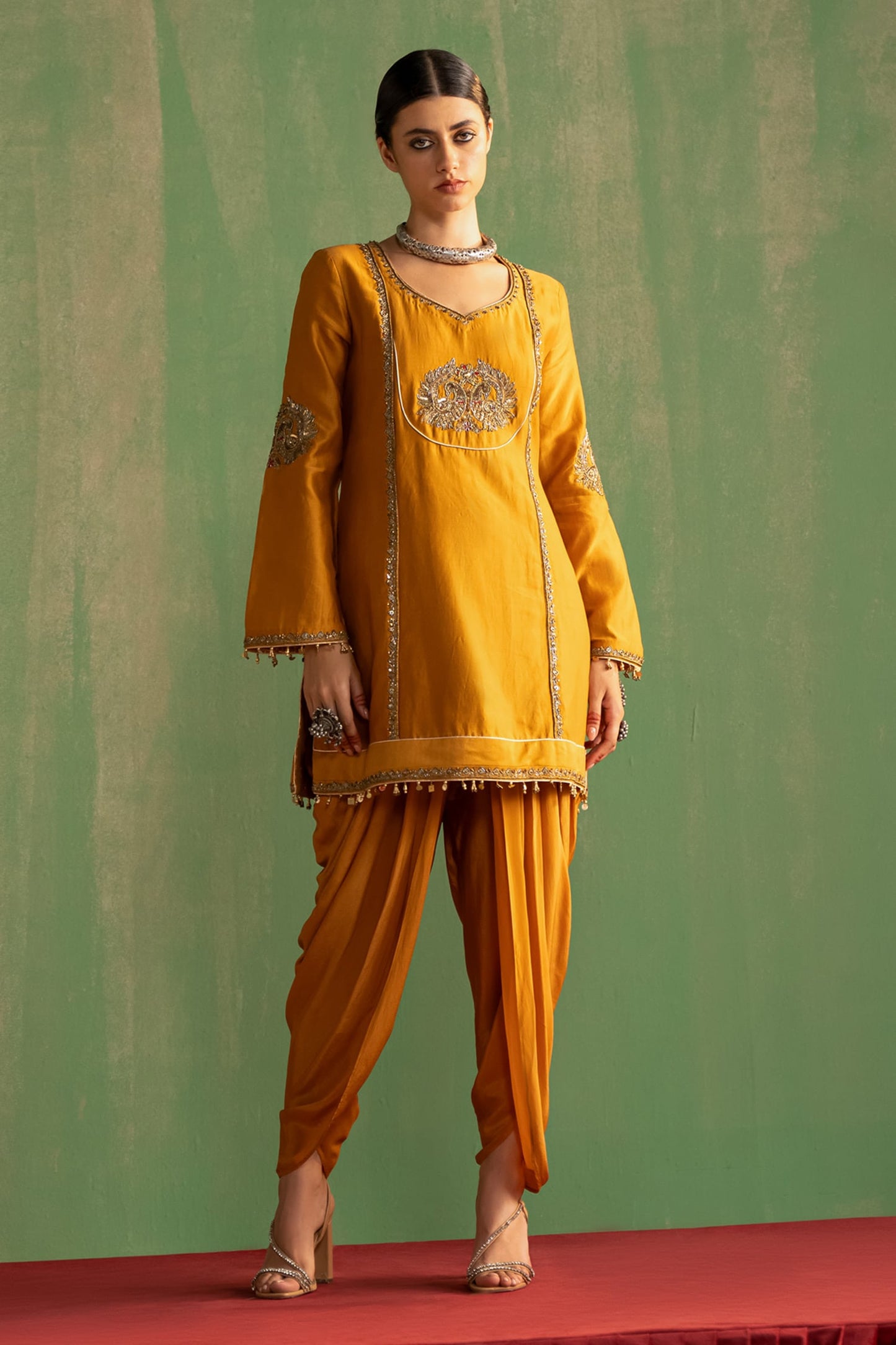 Yellow Chanderi Embroidered Thread V-neck Vanya Kurta With Pant