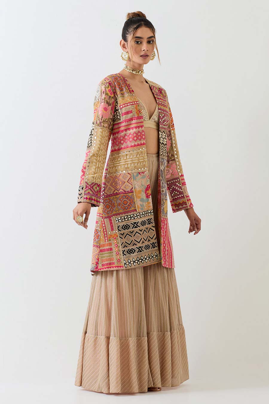 Beige Patchwork Embellished 3-Piece Sharara Set