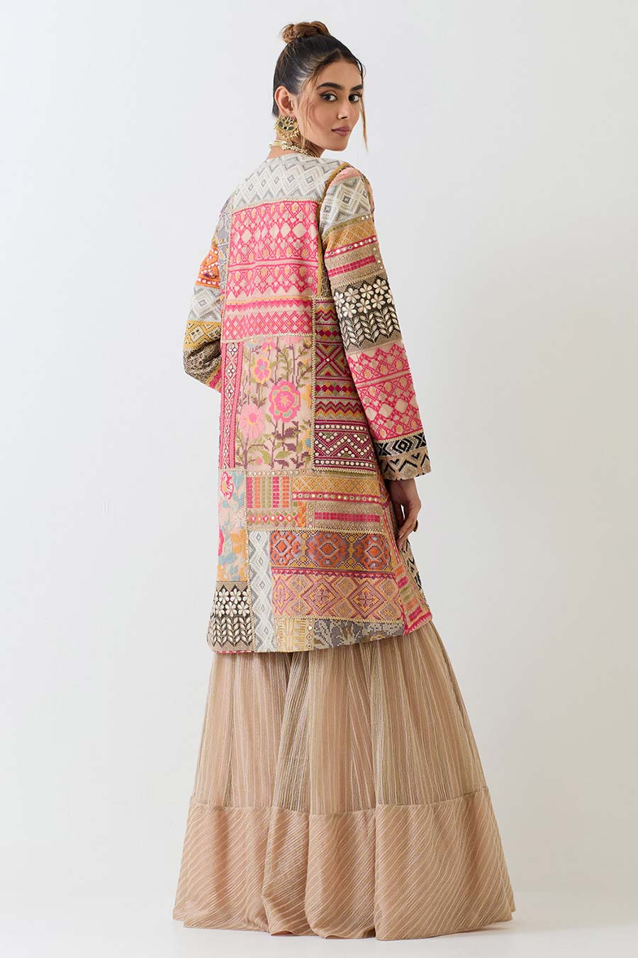 Beige Patchwork Embellished 3-Piece Sharara Set