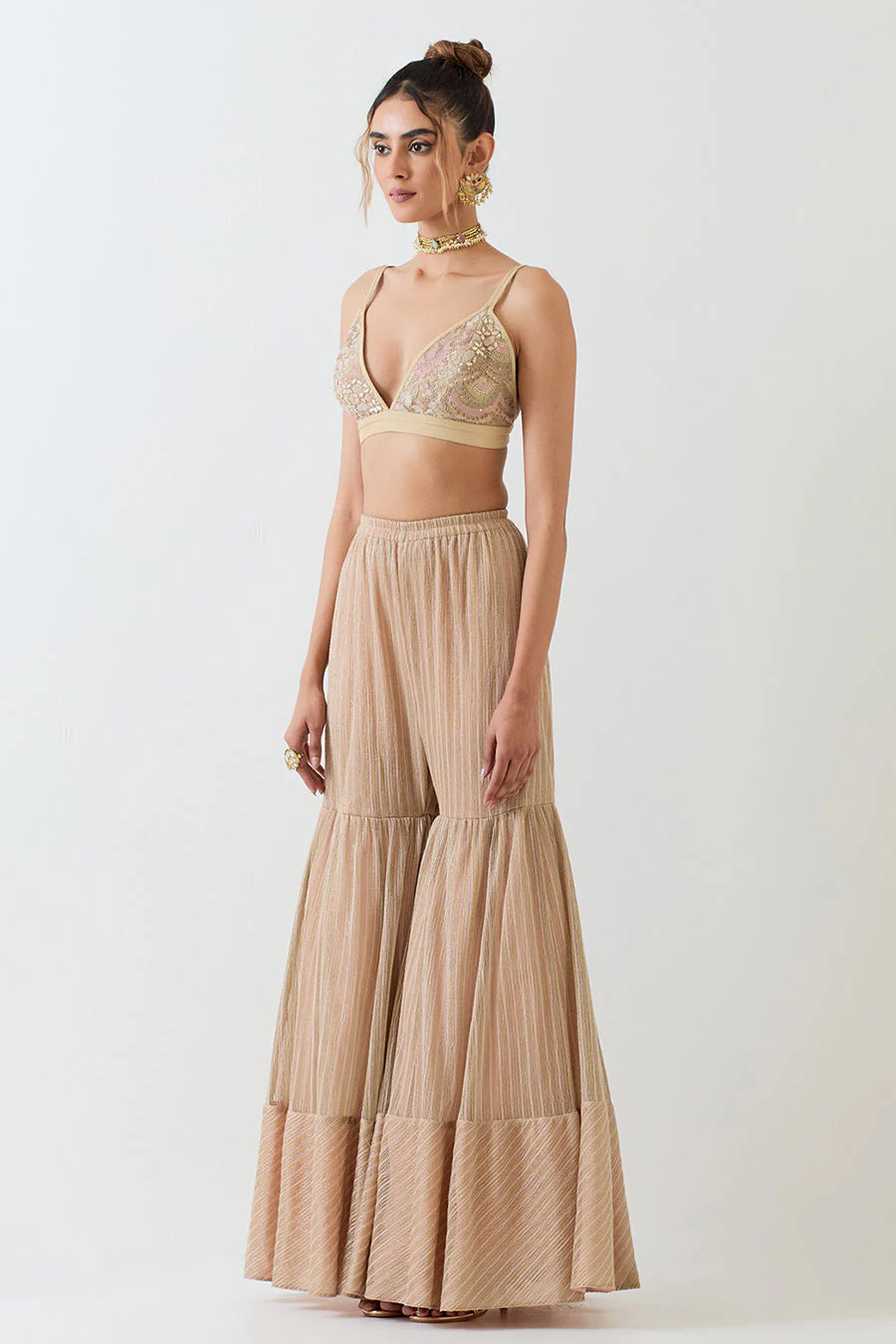 Beige Patchwork Embellished 3-Piece Sharara Set