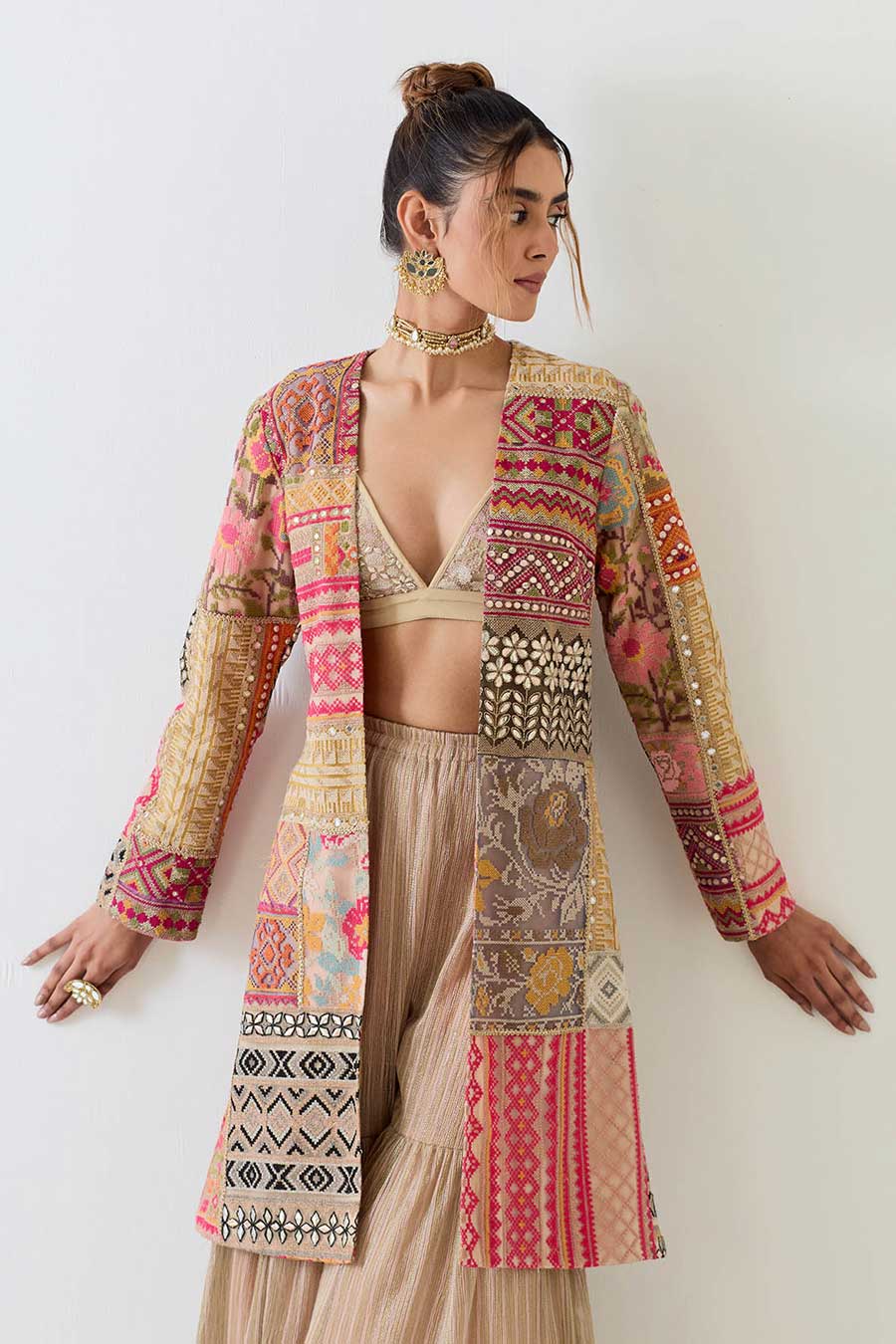 Beige Patchwork Embellished 3-Piece Sharara Set