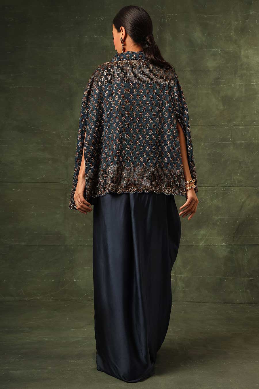 Blue Ajrakh Embroidered Jacket, Blouse & Skirt Set