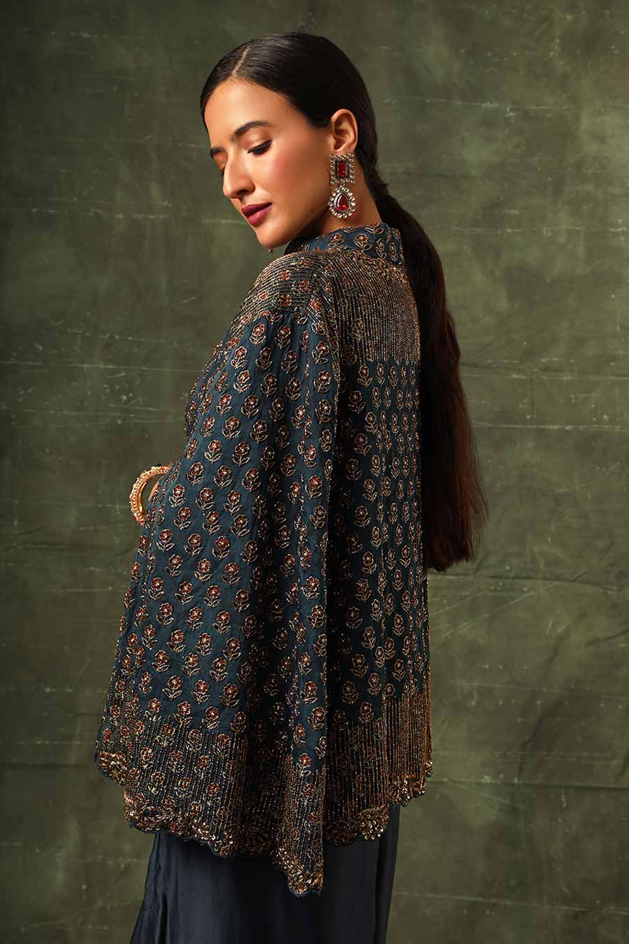 Blue Ajrakh Embroidered Jacket, Blouse & Skirt Set
