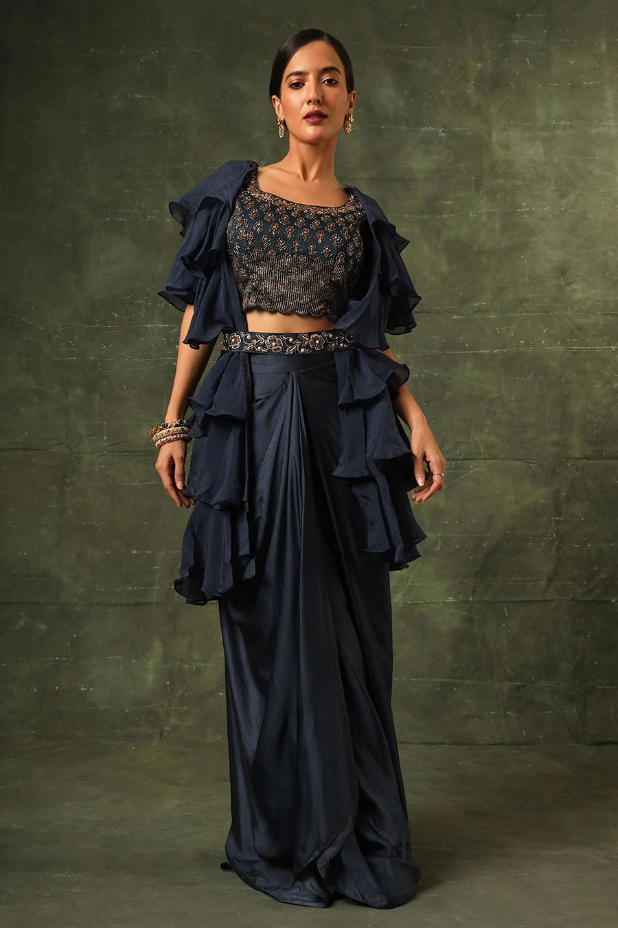 Blue Ajrakh Embroidered Blouse, Shrug & Skirt Set