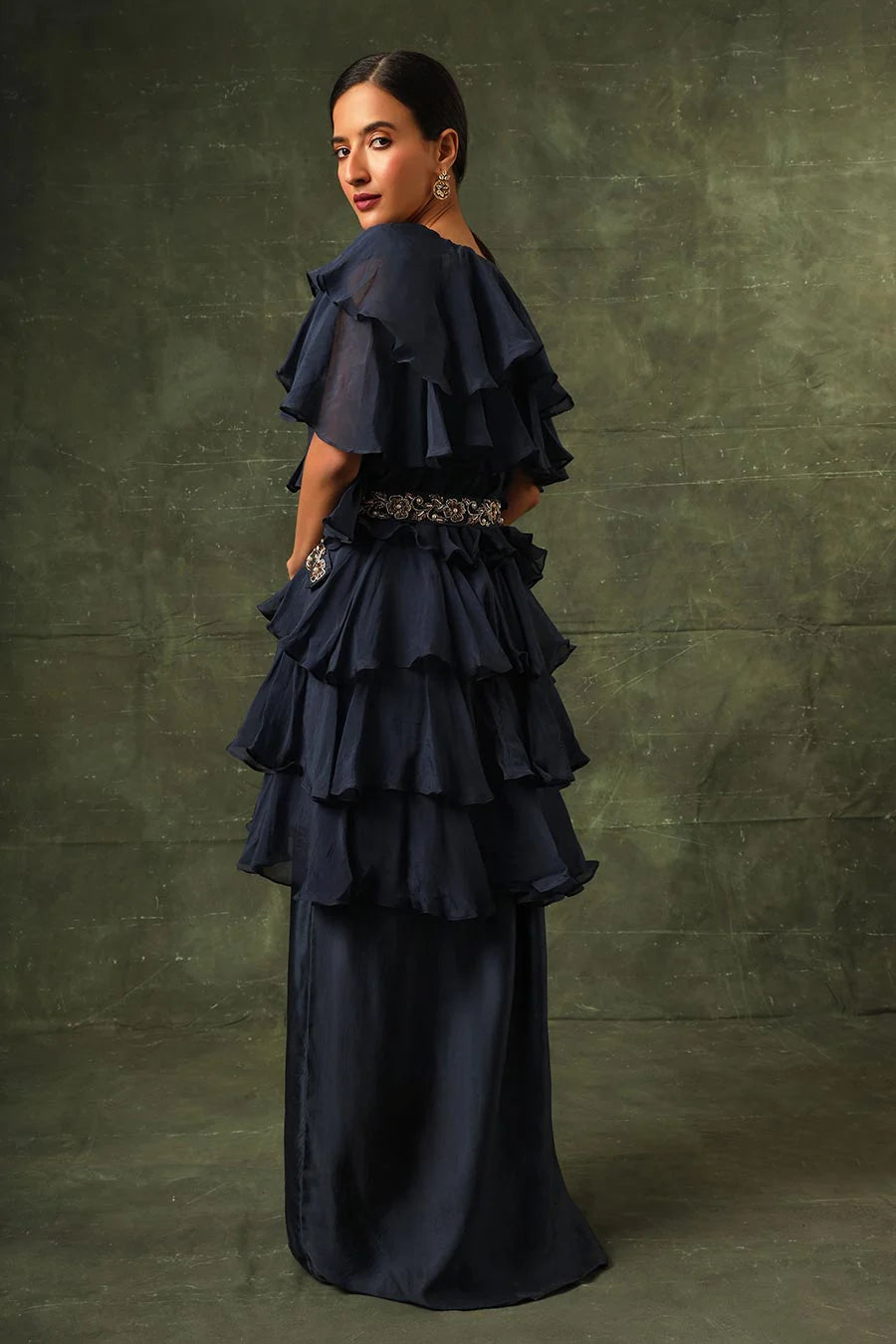 Blue Ajrakh Embroidered Blouse, Shrug & Skirt Set