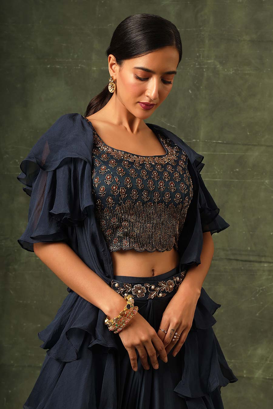 Blue Ajrakh Embroidered Blouse, Shrug & Skirt Set