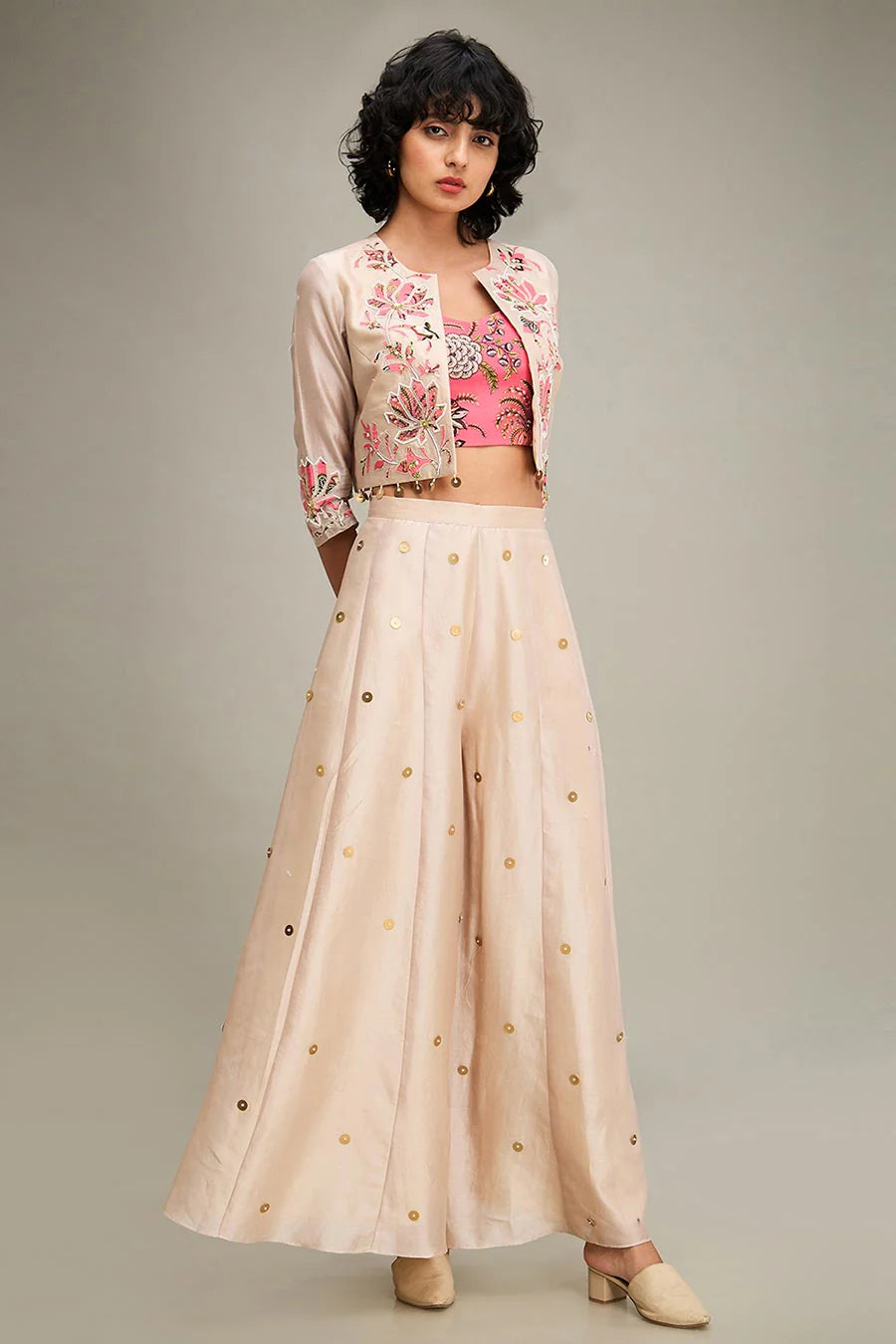 Beige Mehr Applique Bustier & Palazzo Set With Jacket