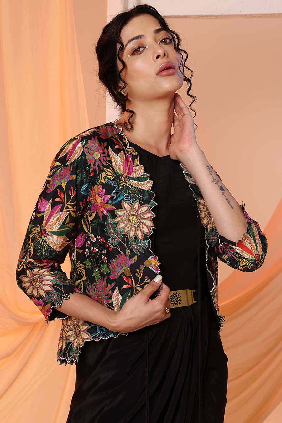 Black Aarani Embellished Dress & Jacket Set