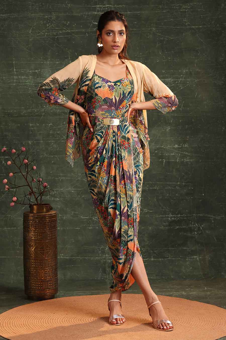 Beige Kaira Printed Drape Dress & Jacket Set