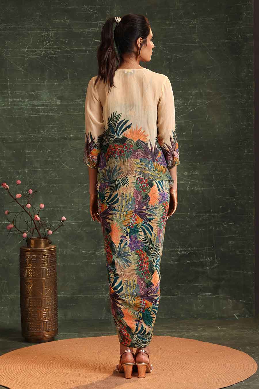 Beige Kaira Printed Drape Dress & Jacket Set