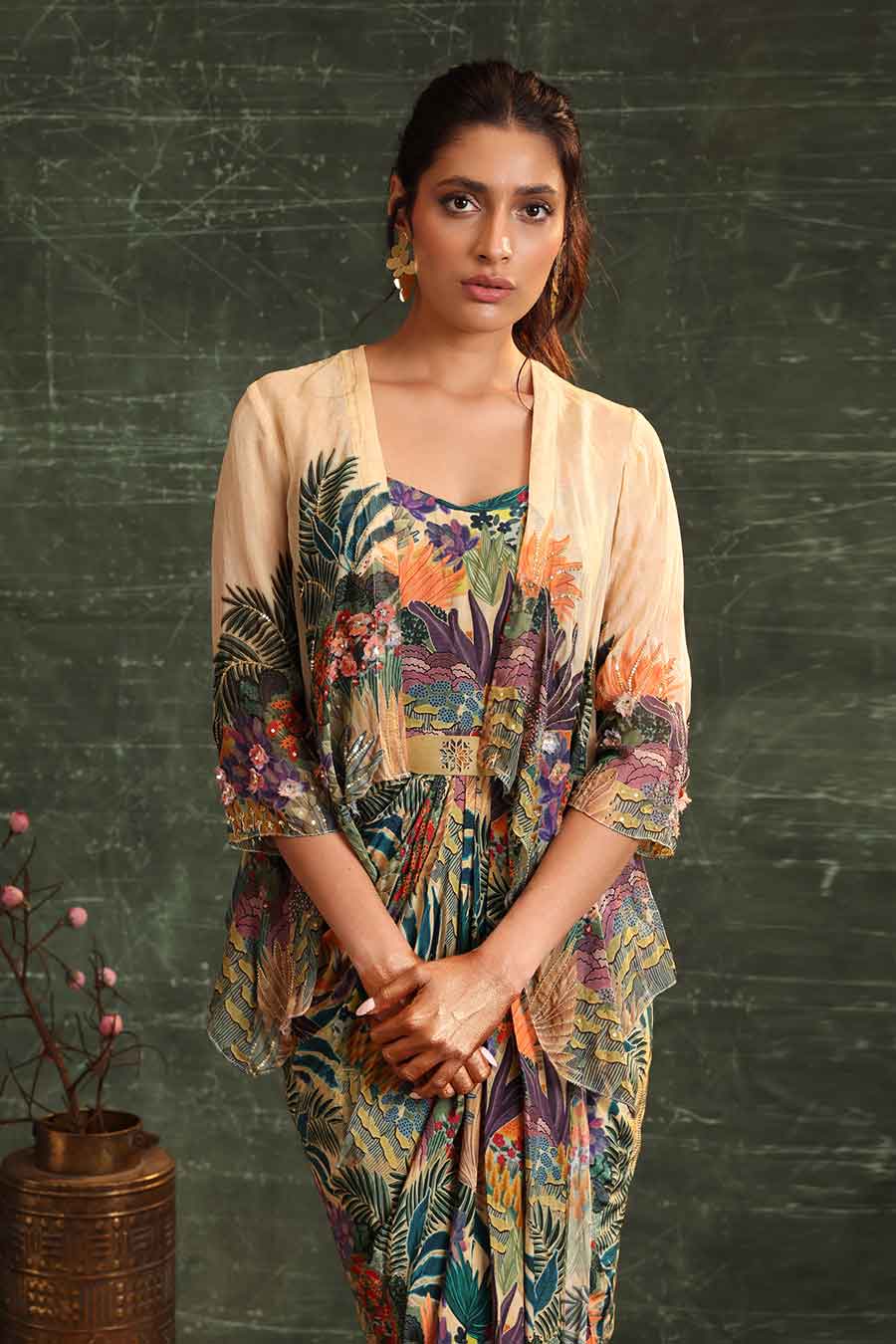 Beige Kaira Printed Drape Dress & Jacket Set