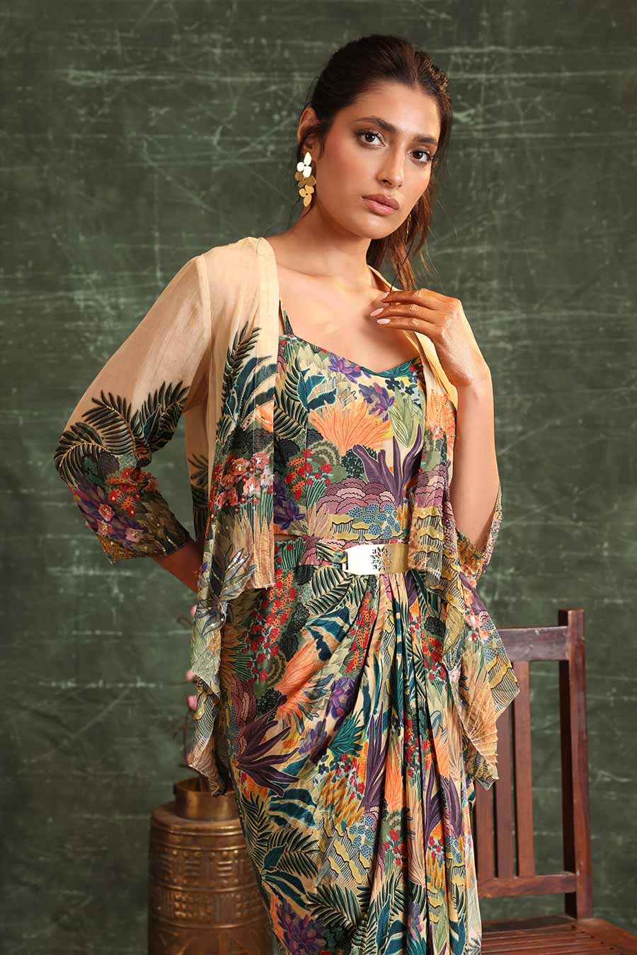 Beige Kaira Printed Drape Dress & Jacket Set