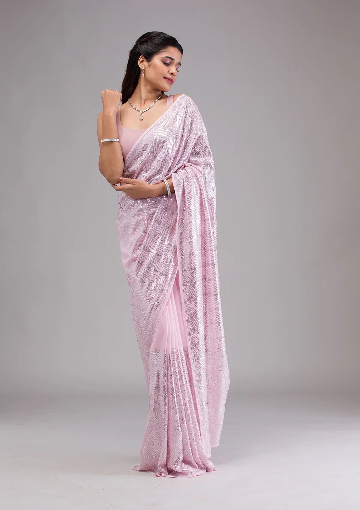 Baby Pink Sequins Georgette Saree