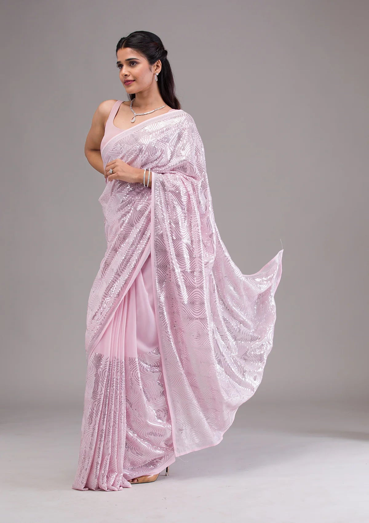 Baby Pink Sequins Georgette Saree
