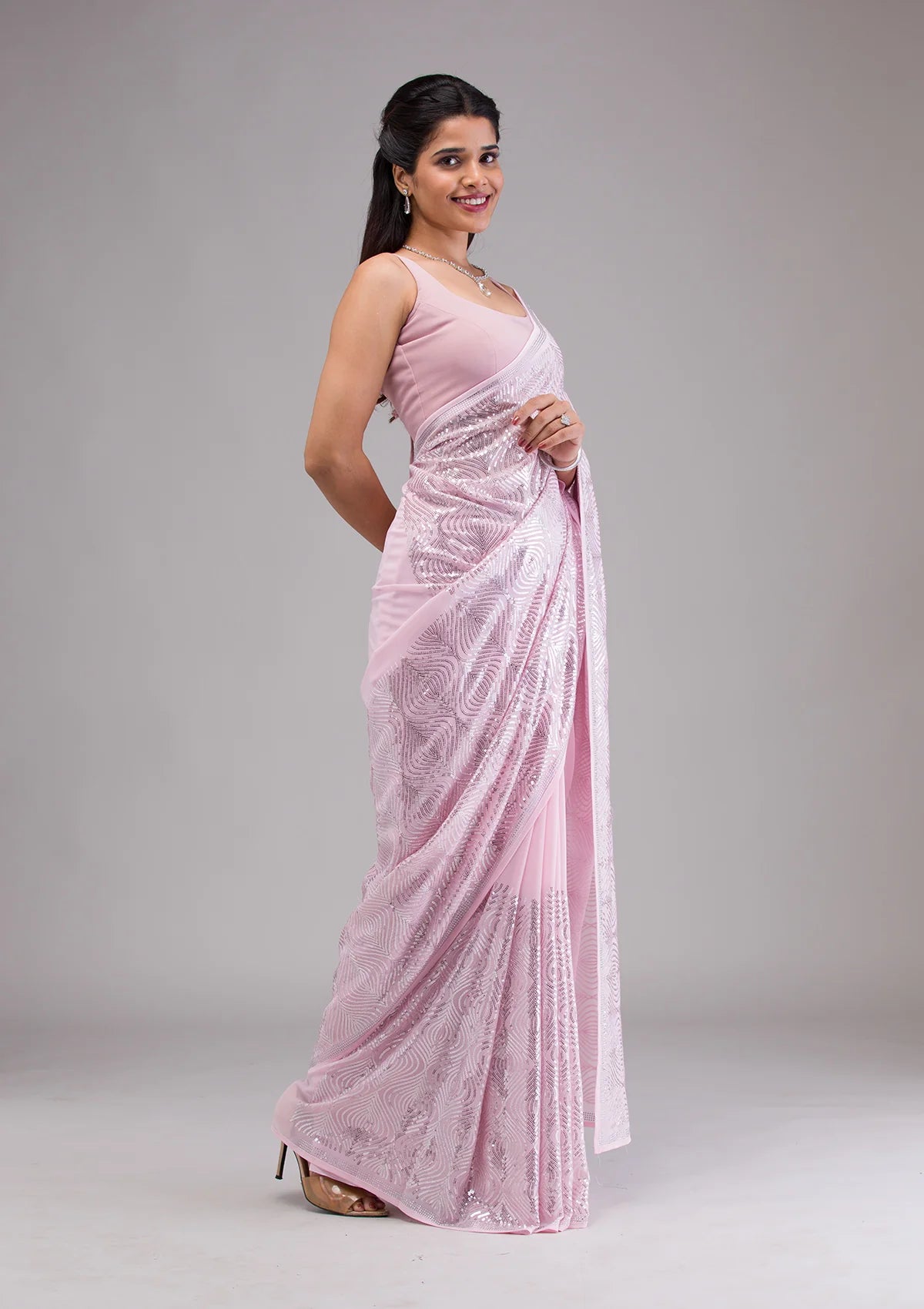 Baby Pink Sequins Georgette Saree