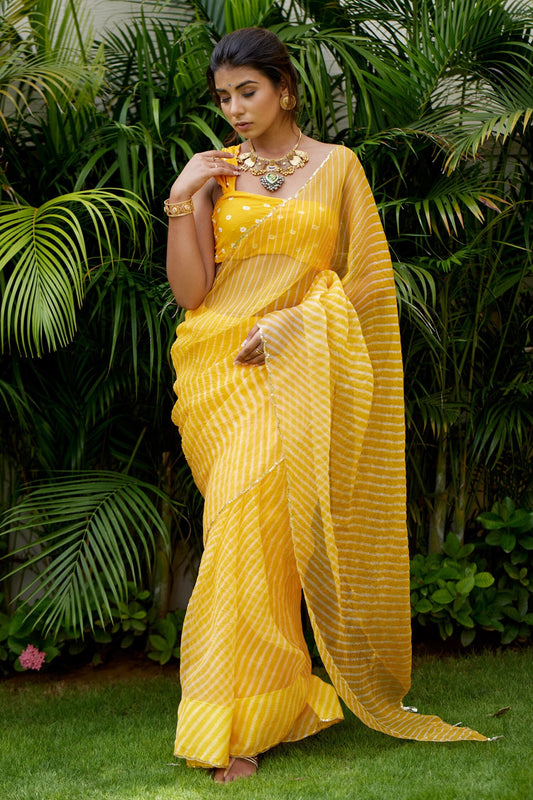 Yellow Organza Leheriya Saree