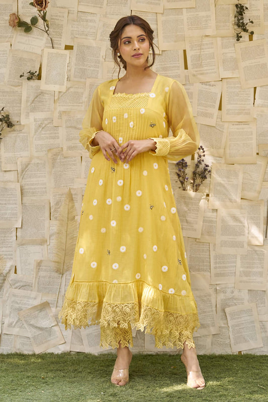 Yellow Cotton Chanderi Embroidered And Embellished Thread Daisy Kurta & Pant Set
