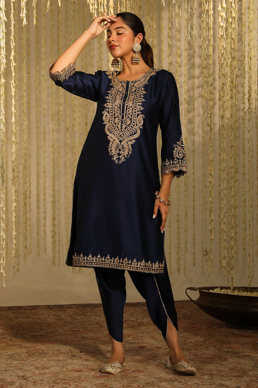 Blue Kurta Silk Chanderi Embroidery Kiran Amayra Paisley And Dhoti Pant Set
