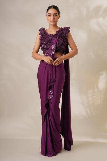 Wine Lycra Embroidered 3d Floral Applique Pre-draped Saree With Work Blouse