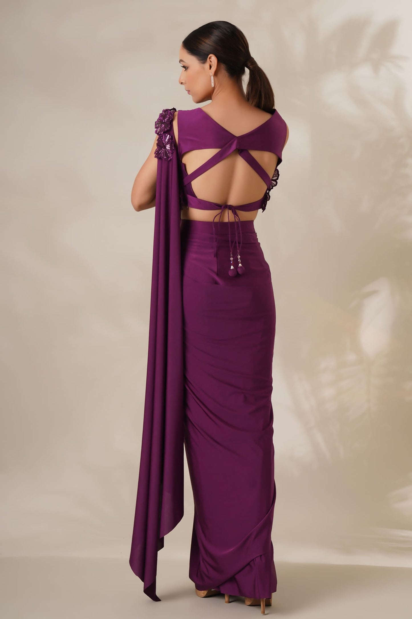 Wine Lycra Embroidered 3d Floral Applique Pre-draped Saree With Work Blouse