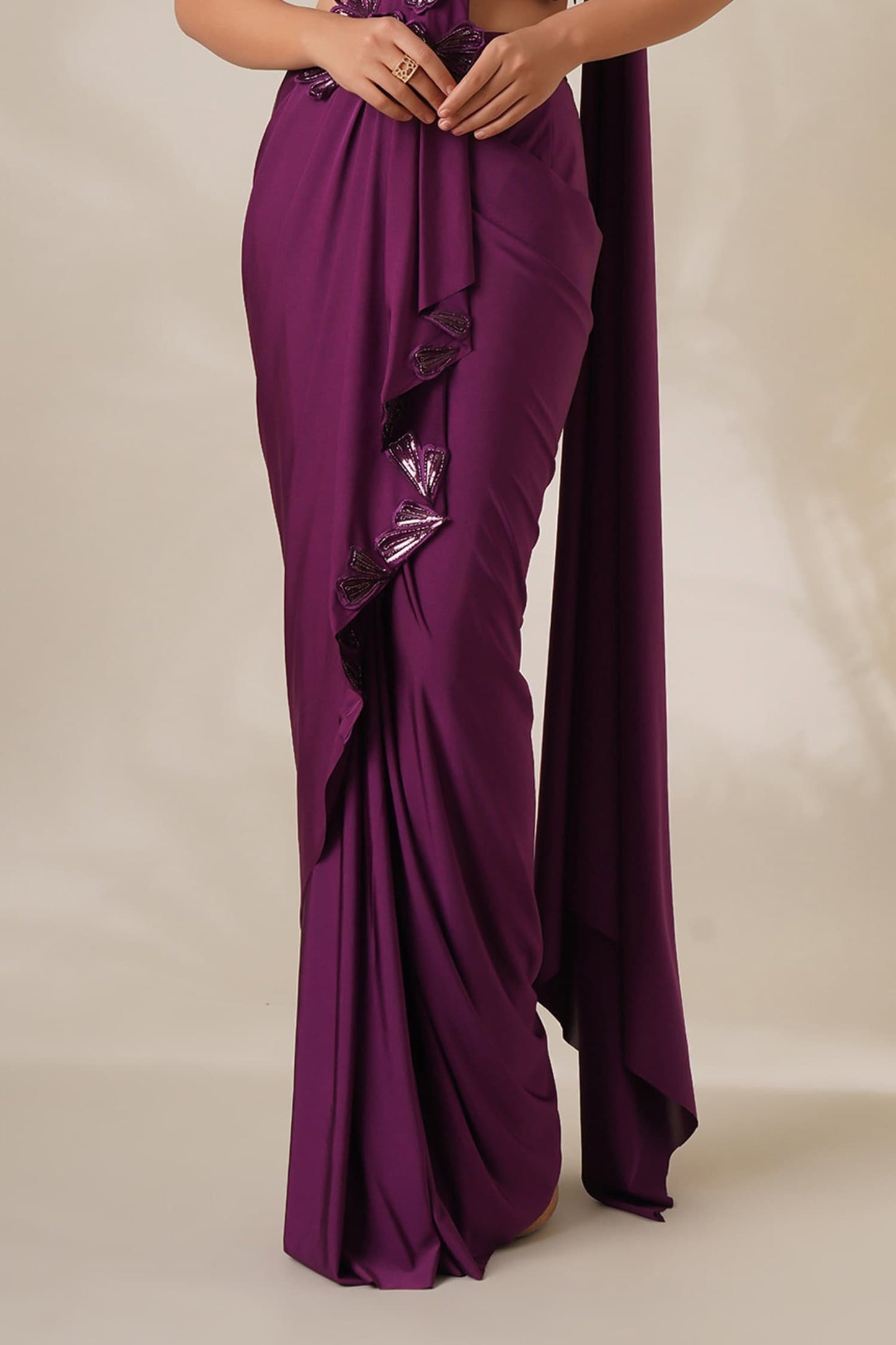 Wine Lycra Embroidered 3d Floral Applique Pre-draped Saree With Work Blouse