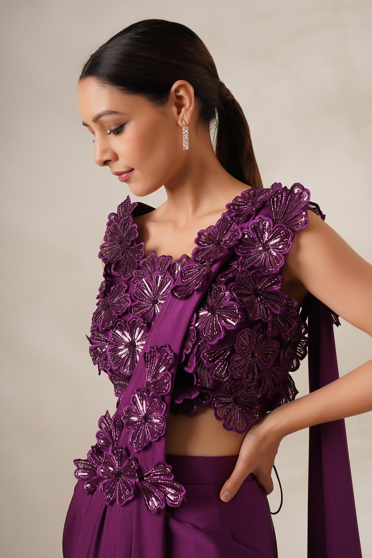 Wine Lycra Embroidered 3d Floral Applique Pre-draped Saree With Work Blouse