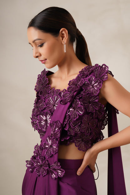 Wine Lycra Embroidered 3d Floral Applique Pre-draped Saree With Work Blouse