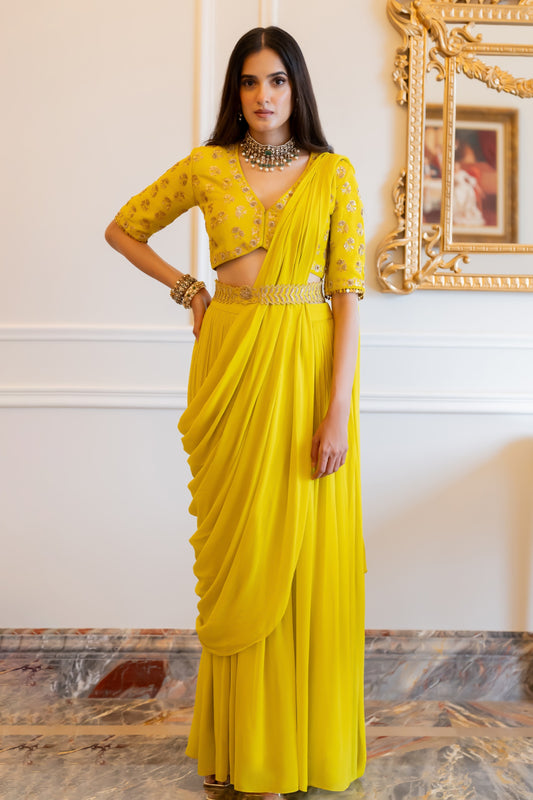 Yellow Saree Georgette Hand Embroidered Solid Pre-stitched With Blouse And Belt