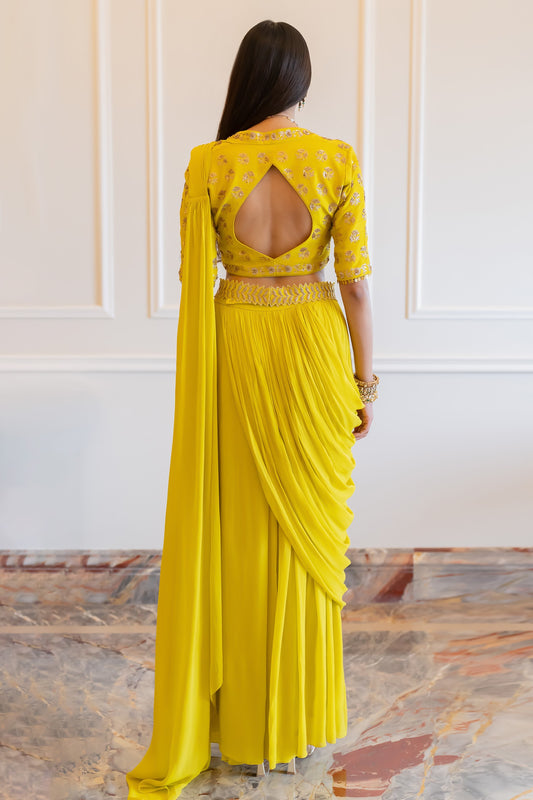 Yellow Saree Georgette Hand Embroidered Solid Pre-stitched With Blouse And Belt
