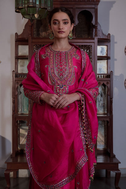 Fuchsia Kurta And Trouser Pure Raw Silk Embroidery Sequin Round Paisley Set