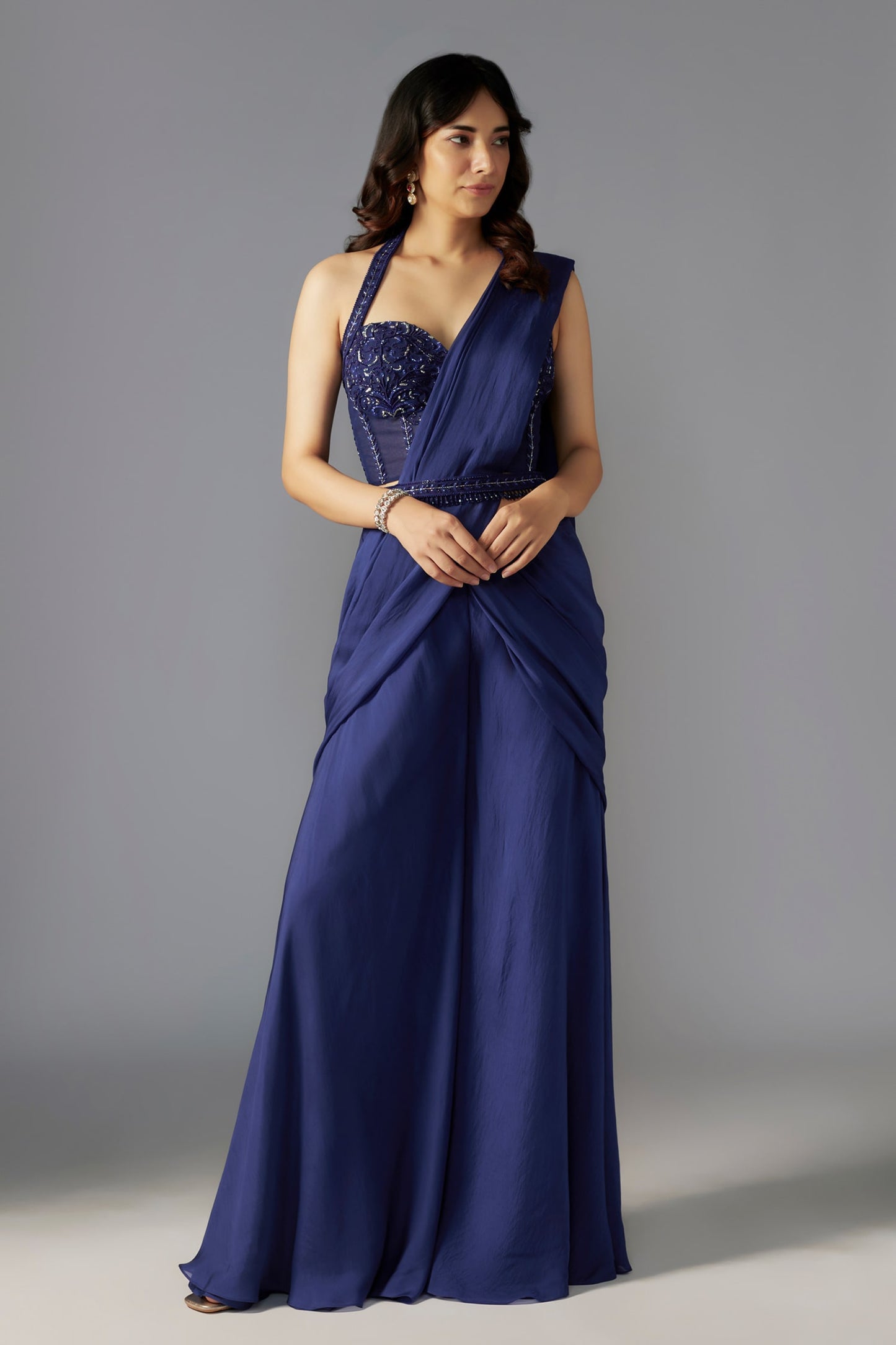 Blue Blouse Net Embellished Bead Solid Pre-draped Sharara Saree With Corset