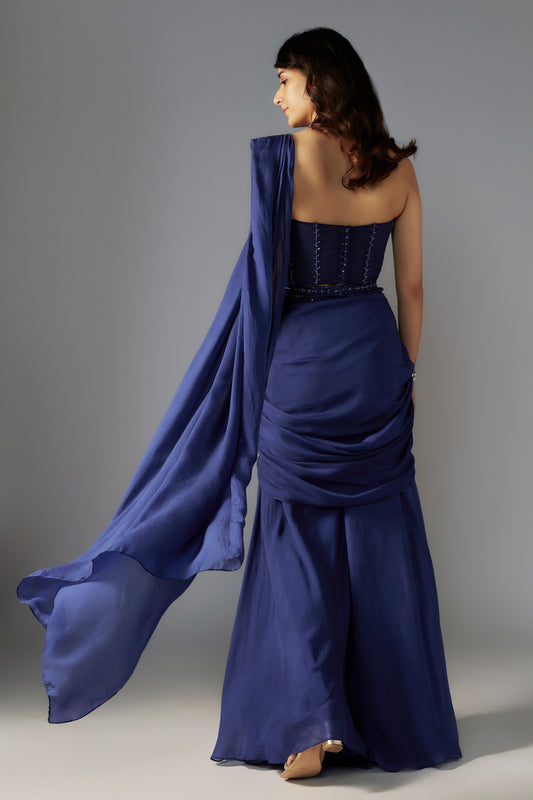 Blue Blouse Net Embellished Bead Solid Pre-draped Sharara Saree With Corset