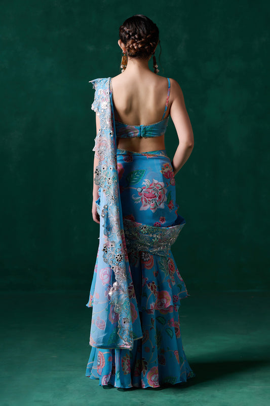 Blue Chiffon Print Floral Leaf Embroidered Ruffle Pre-draped Saree With Blouse