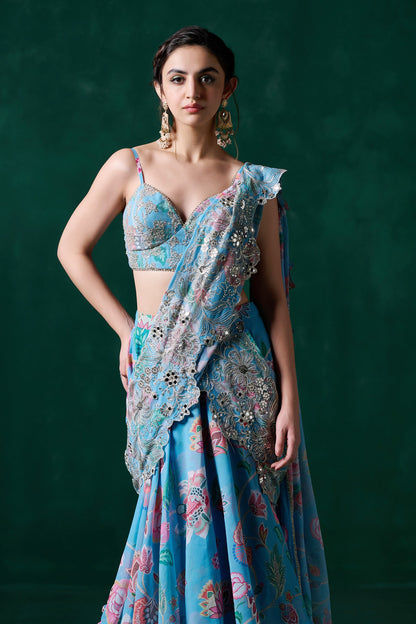 Blue Chiffon Print Floral Leaf Embroidered Ruffle Pre-draped Saree With Blouse