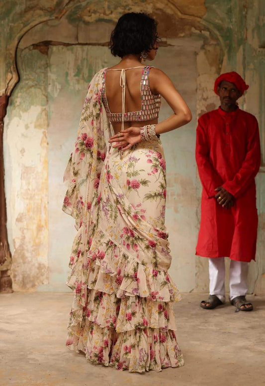Beige Georgette Print Coconut Pine Floral Pre-draped Saree With Blouse