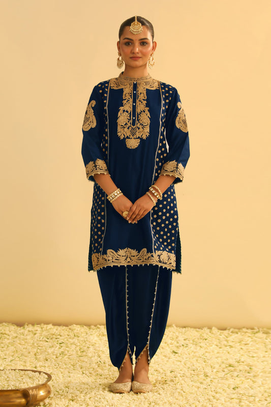 Blue Kurta Silk Chanderi Embroidery Kashmiri Tilla Aabish And Dhoti Pant Set