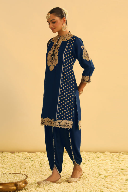 Blue Kurta Silk Chanderi Embroidery Kashmiri Tilla Aabish And Dhoti Pant Set