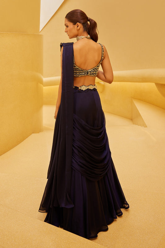 Blue Georgette Embroidered Sequin V-neck Midnight Pre-draped Saree Set