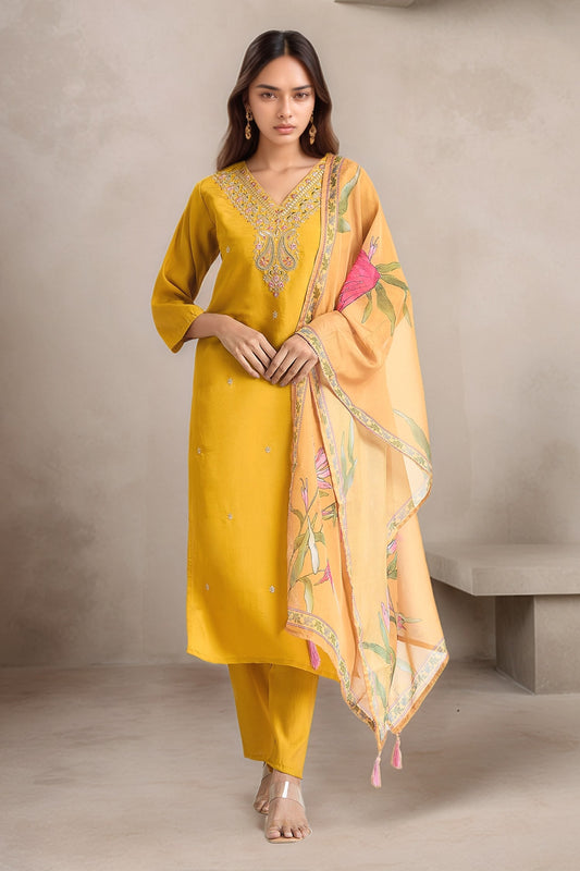 Yellow Kurta Viscose Chanderi Embroidery Thread V Neck Paisley Set