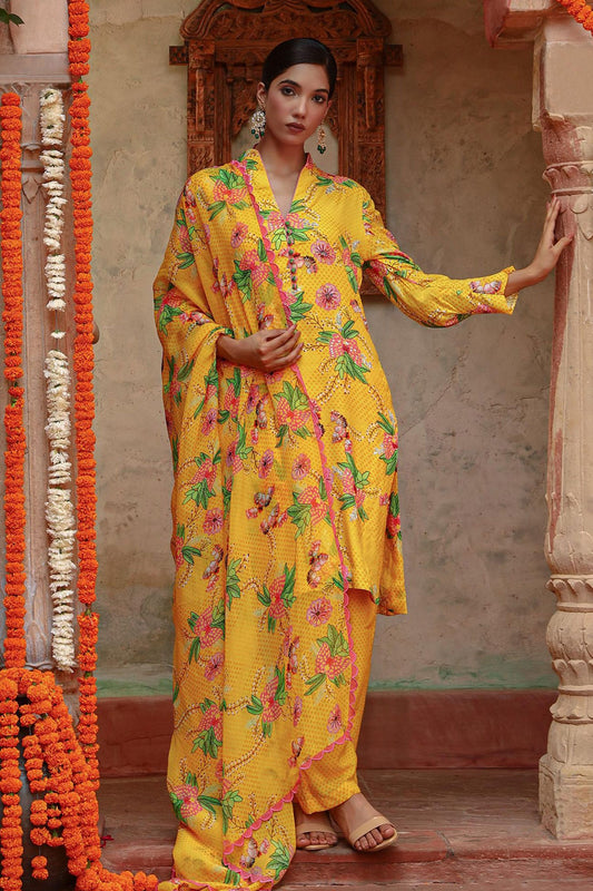 Yellow Muslin Printed Floral Band Collar Ati Kurta Set