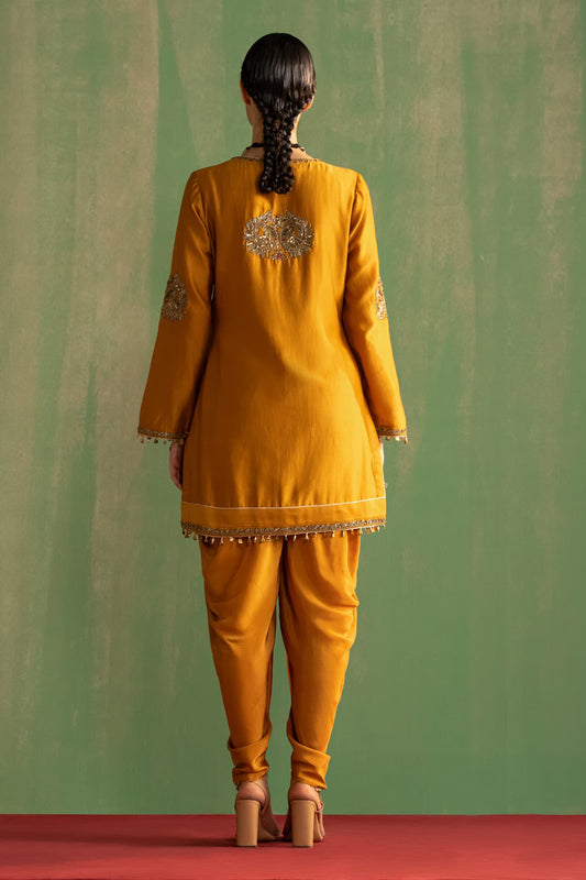 Yellow Chanderi Embroidered Thread V-neck Vanya Kurta With Pant