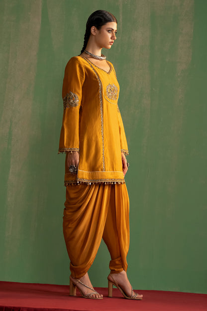 Yellow Chanderi Embroidered Thread V-neck Vanya Kurta With Pant